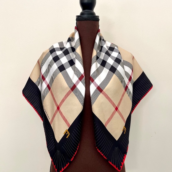 Display # 1 Burberry Scarf House Check Beige Black Border Silk Wrap - Picture 11 of 13
